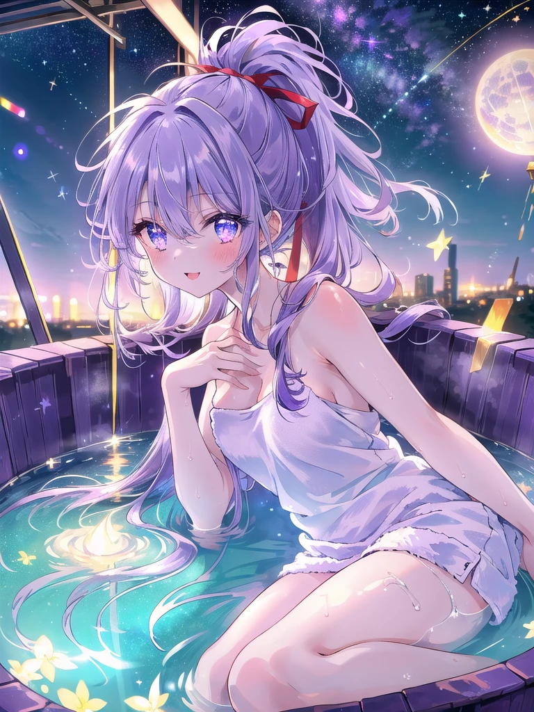 ((8k, highest quality, masterpiece: 1.3)), ultra high resolution, (1 girl, alone), (color changing eyes, super detailed, expressive glow, sparkling, glowing eyes), highly detailed eyes, highly detailed face, ponytail, (long curly hair: 1.2), bangs between eyes, ((hair color, pale purple)), ponytail tied with a big red ribbon, mouth slightly open, (ecstatic expression: 1.2) sky blue shirt, white skin, front angle, nothing else on except a bath towel wrapped around her body, (sexy pose), (open air bath, starry sky: 1.2), random angles