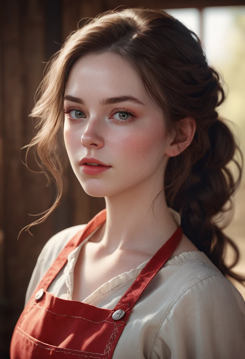 A beautiful girl from the front, cowboy shot, pale white skin, RED apron, bright light, delicate facial features, expressive eyes, PARTED lips, detailed skin texture, intricate hair strands, soft lighting, natural environment, ambient occlusion, volumetric lighting, PLUMP BODY, vibrant colors, cinematic composition, photo realistic, 8k, high quality, masterpiece, photorealistic