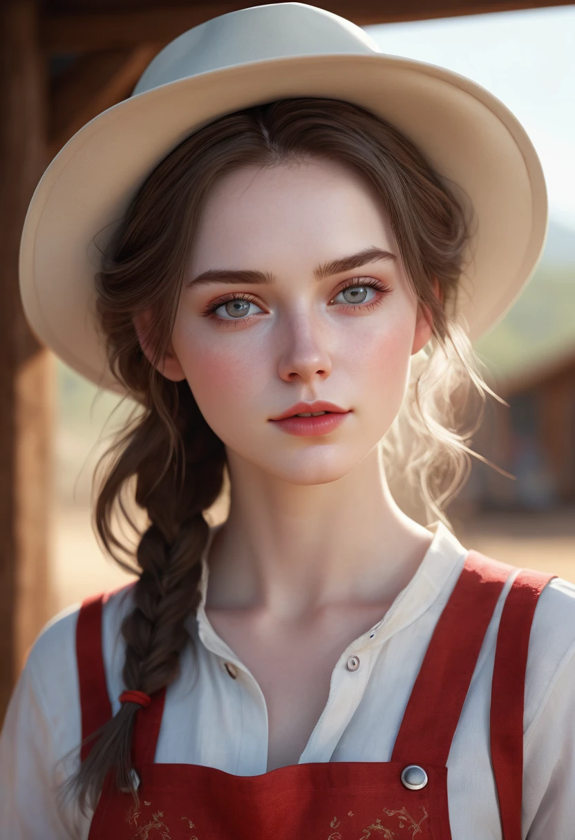 A beautiful girl from the front, cowboy shot, pale white skin, RED apron, bright light, delicate facial features, expressive eyes, PARTED lips, detailed skin texture, intricate hair strands, soft lighting, natural environment, ambient occlusion, volumetric lighting, PLUMP BODY, vibrant colors, cinematic composition, photo realistic, 8k, high quality, masterpiece, photorealistic