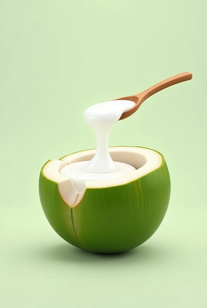 Make a logo brand "Mai Kelapa Jelly" with main image is a realistic green young coconut that scooping a white jelly on top