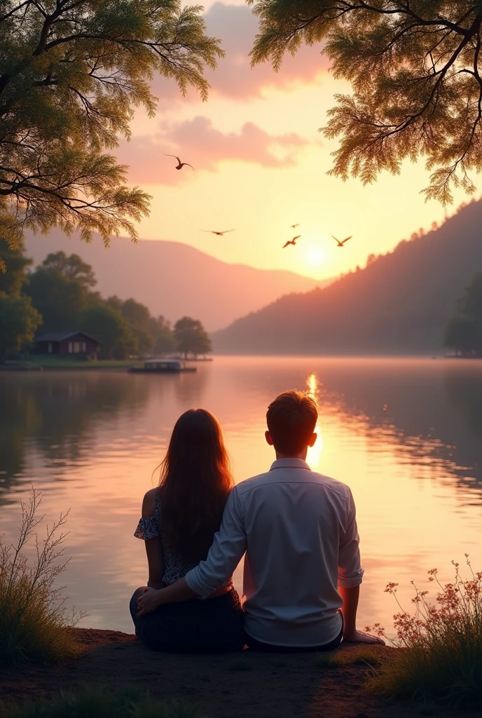 a couple on a lake at dusk realistic 
