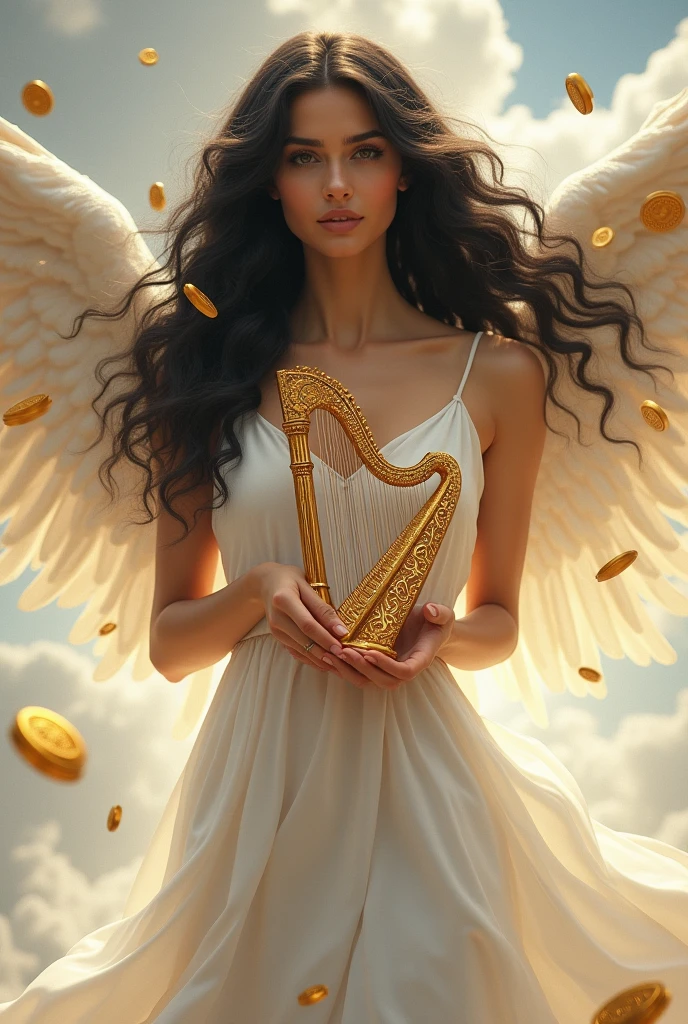 create a full HD image of a woman in a white dress ,blackquality hair , holding a golden harp and a little curly and with double golden angel wings and in the background several clouds and golden coins falling.