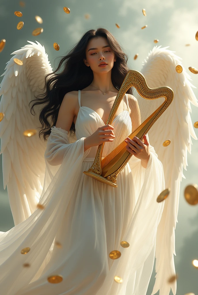 create a full HD image of a woman in a white dress ,blackquality hair , holding a golden harp and a little curly and with double golden angel wings and in the background several clouds and golden coins falling.