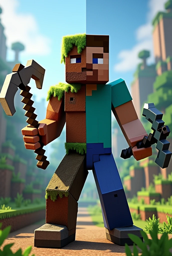 A split in half image with a character in the center that is half ark survival evolved character holding a pickaxe from the game and the other half a Minecraft character with a pickaxe from that game in hand.