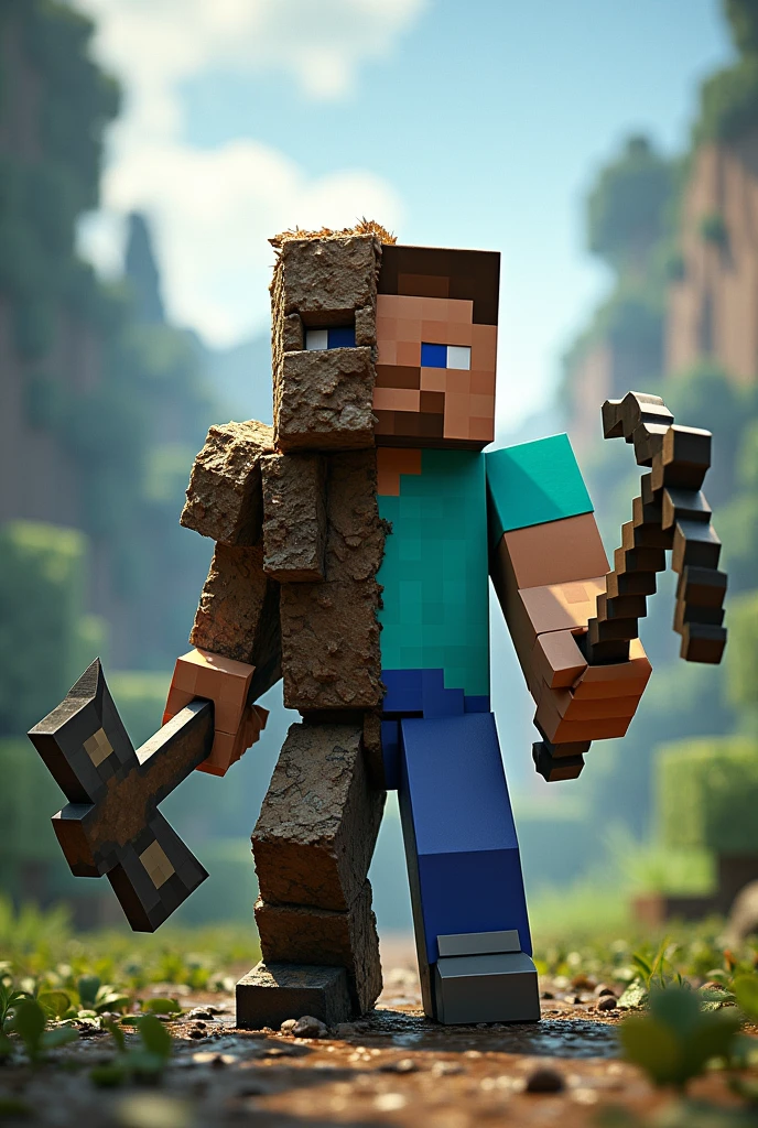 A split in half image with a character in the center that is half ark survival evolved character holding a pickaxe from the game and the other half a Minecraft character with a pickaxe from that game in hand.