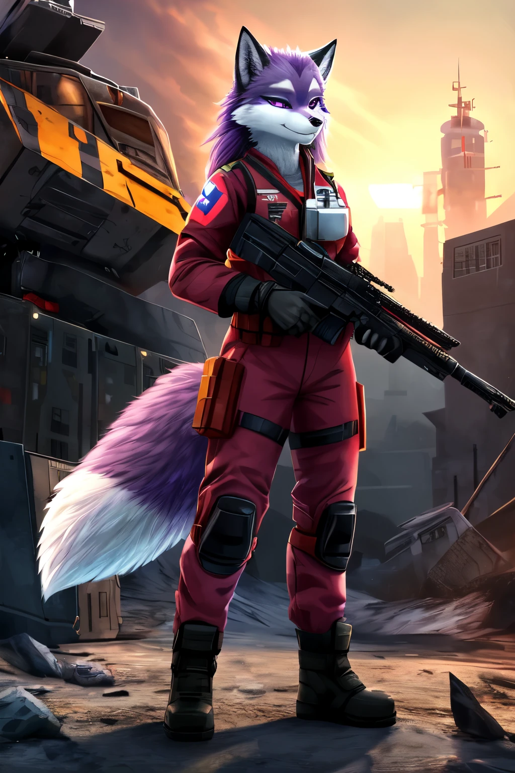 ((best quality)), ((masterpiece)), (detailed), 1 girl, combat medic millitary, half fox and half wolf, rexouium, purple and white fur, full body, anthro, combine outfit, half life 2, epic background, kemono, cute, awesome looking, red medic outfit, red outfit, holding a weapon, medic acessories