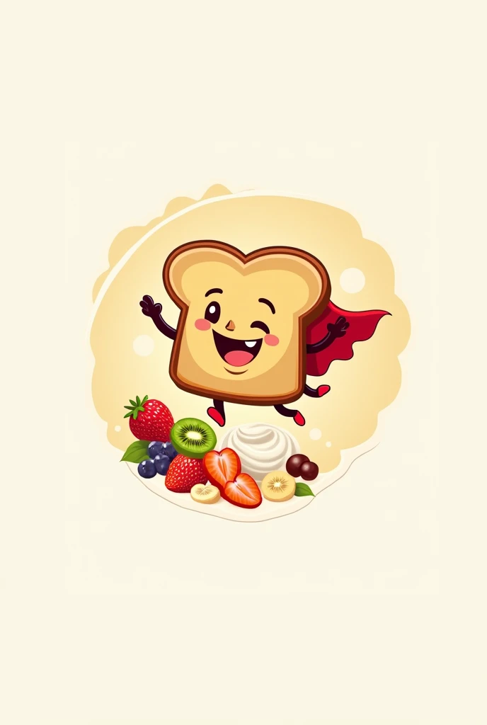 make me a logo that has bread flying like superman and in the bread there are fruits like kiwi, strawberry, and the grapes are cut and there is also whip cream which shows that it is a fruit sandwich