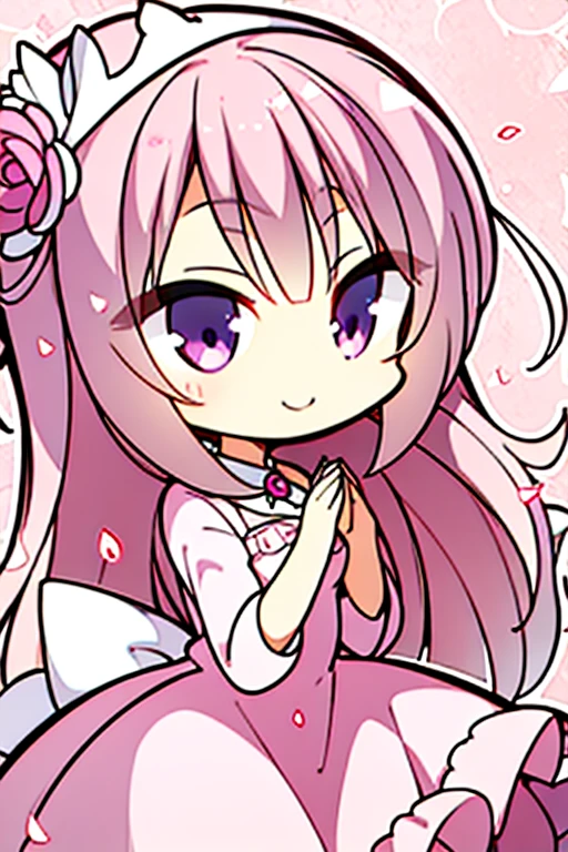 Perfect face. Perfect hands. A pink haired woman with violet eyes with an hourglass figure in a pink dress is smiling in a flurry of peony petals