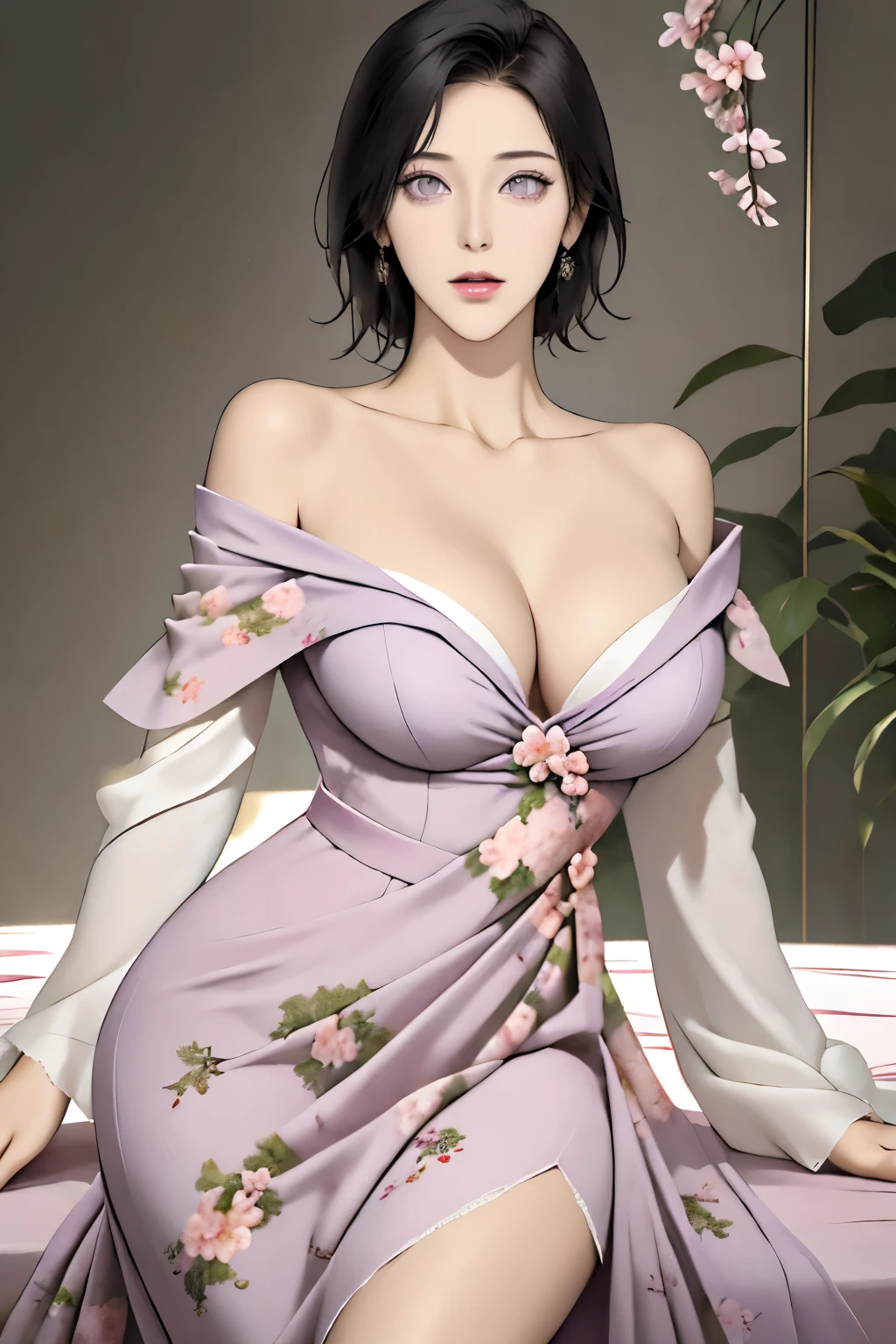 masterpiece, absurdities, hinata\(Boruto\), 1 girl, Alone,mature woman, off shoulder floral dress, looking at the petals by viewelling), perfect composition, detailed lips, big chest, beautiful face, body proportion, blush, (pink lips), by the wide, purple eyes, soft look, super realistic, detailed, Photoshoot, realistic face and body, sexual expression, seductive expression, mqmf., tits out