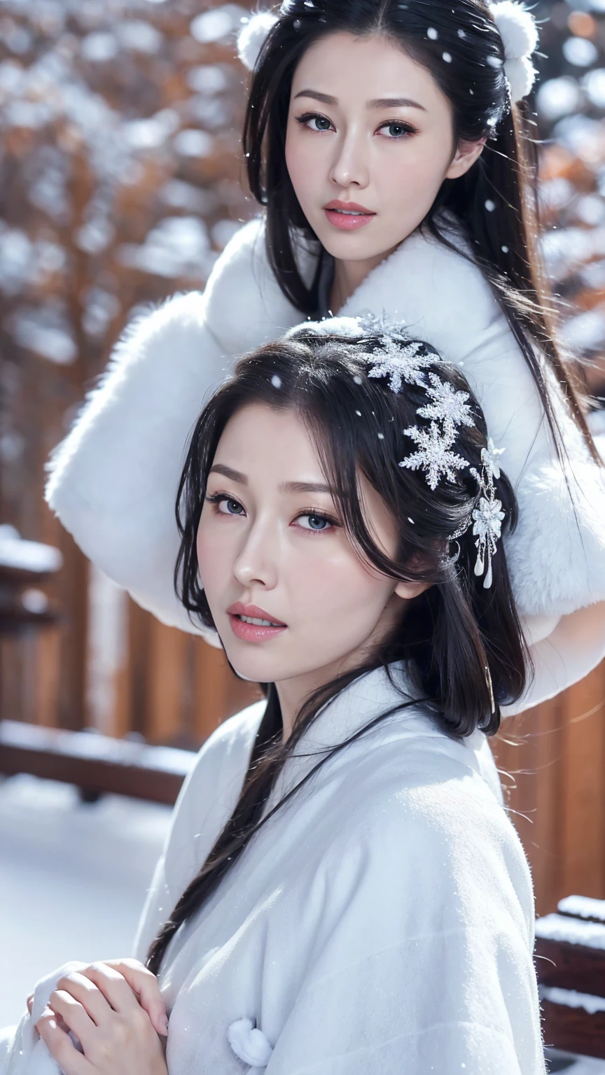 1 Fashion Model [[[[close up]]]], [[[[neck]]]], [[[[Shoulder]]]], (((Complete head)))，(((Complete hairstyle)))，Perfect eyes, Perfect Iris，Perfect lips，Perfect Teeth，Perfect skin，White skin，Soft headlights，High-density imaging，Black long hair，（Clean and delicate face），((White fur winter hanfu))，((Half-length photo))，((The background is a snowy scene))，((winter))，((Various dynamic poses))，((The background is a snowy scene))，best quality，masterpiece，（Soft colors：1.2）