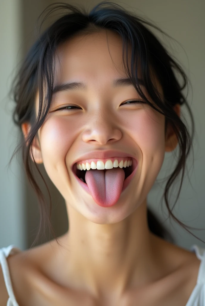 Asian woman with split tongue laughing friendly
