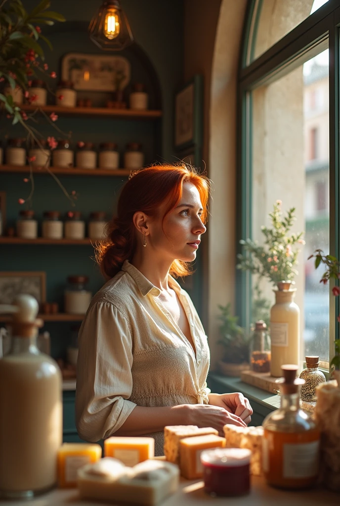 A red-haired woman, 40 year old, inside a perfume store, handmade soaps, bath items, in a square in Provence. Filtro Foggy, David Hamilton Style.