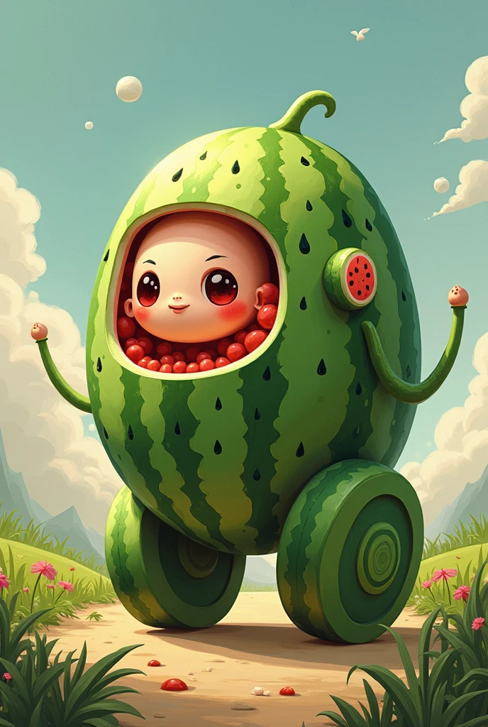A non-existent being that has a watermelon body, legs made of wheels, arms made of watermelon seeds and the head that is in the body of the watermelon and that the head is not human