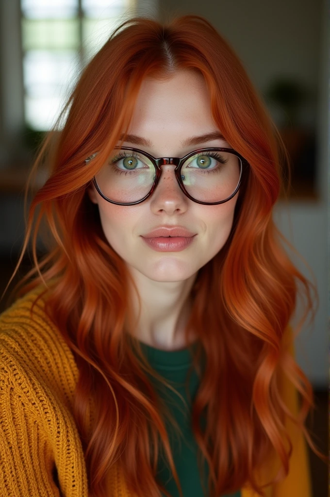 A red-haired female influencer with green eyes, an innocent look and full lips. freckles on her cheeks.. wears glasses. attractive. Full body wide shot from head to toe. in 8k. very detailed, masterpiece, best quality, extremely detailed, hyperrealistic, photorealistic, plusieurs scenes de la vie courante type post instagram en plan large type photo paysage