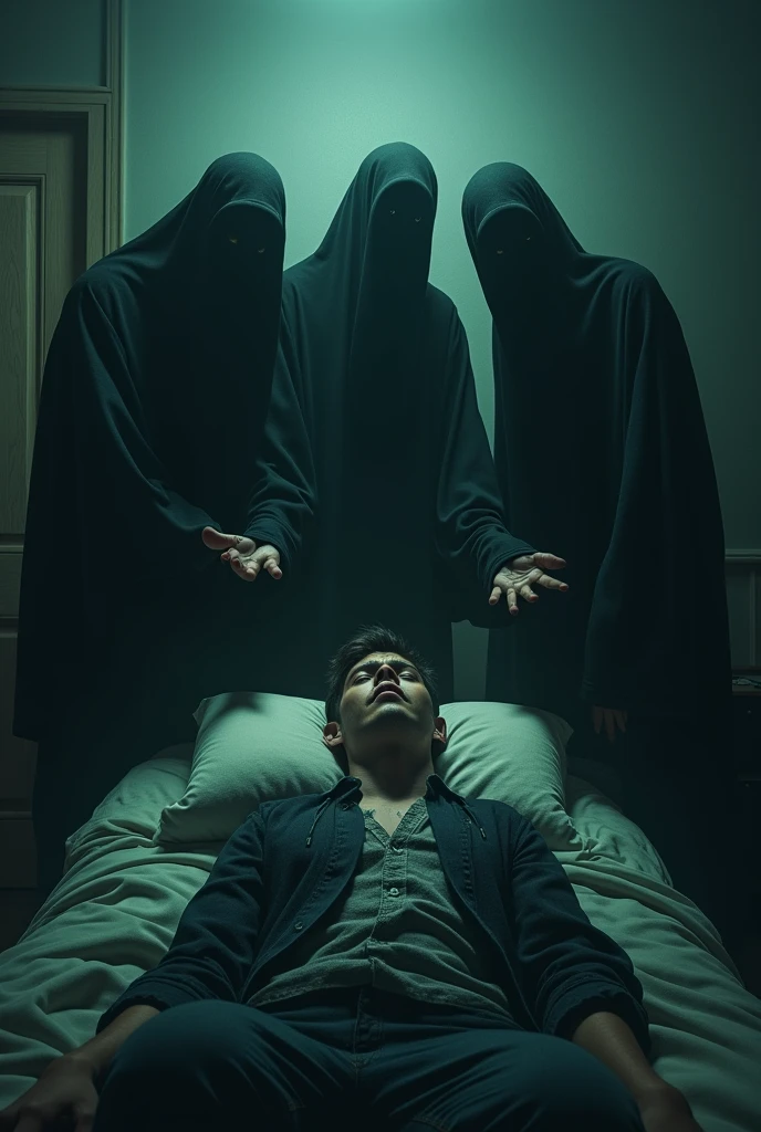 A dimly lit bedroom shows a young man lying paralyzed in bed, eyes wide with terror. Hovering above him are three shadowy, wraith-like figures resembling Dementors, draped in tattered black robes. Their faces are obscured, exuding a malevolent aura. Ghostly hands stretch towards him, as if draining his life force. The room is filled with a chilling, oppressive atmosphere, amplifying the sense of helplessness and dread, making the scene terrifying and surreal.