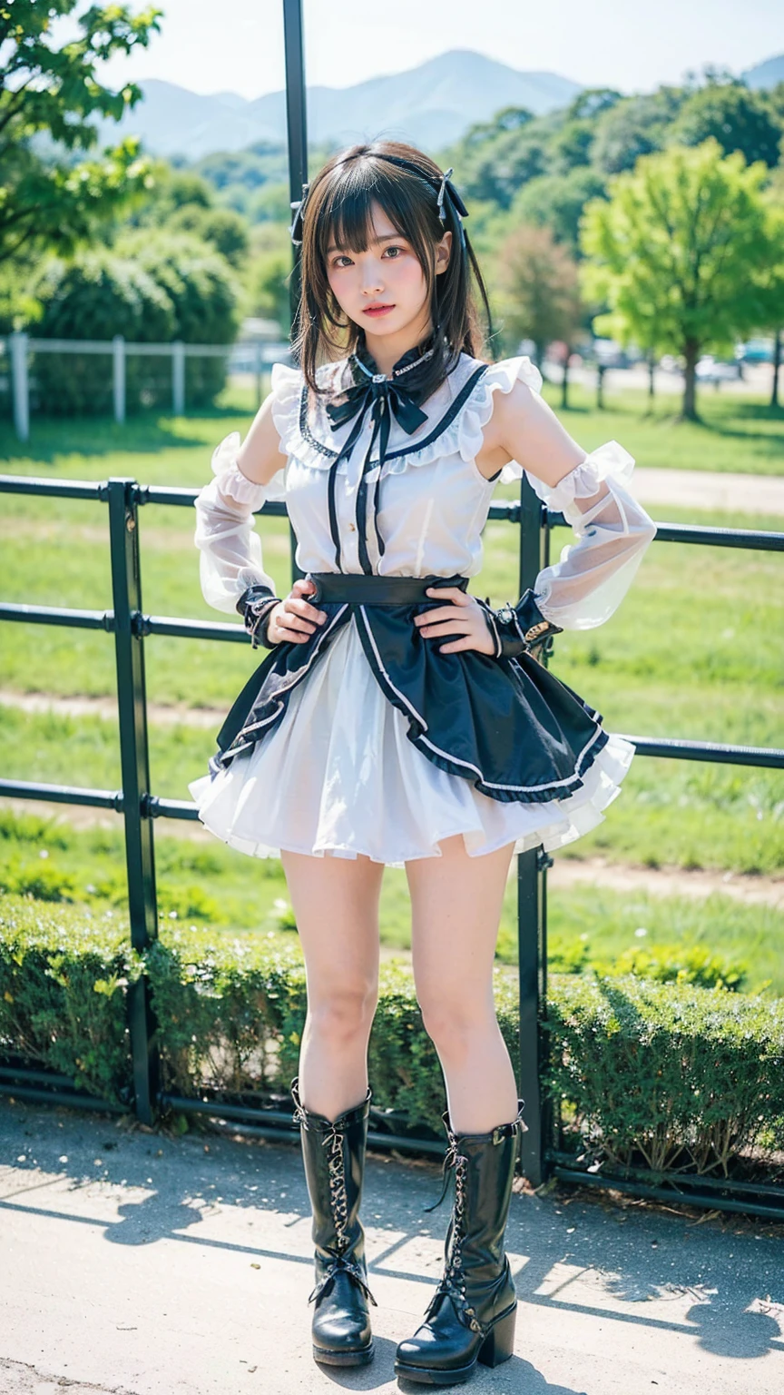 (8k、RAW Photos、Highest quality、masterpiece:1.2)、(Realistic、Realistic)、1 girl、((black and white、mini skirt、Goth、See-through、大きなribbon、Frills、boots、ribbon、garden、Thin legs、whole body、View from the front、Looking into the camera、Stand with hands on hips))、cute