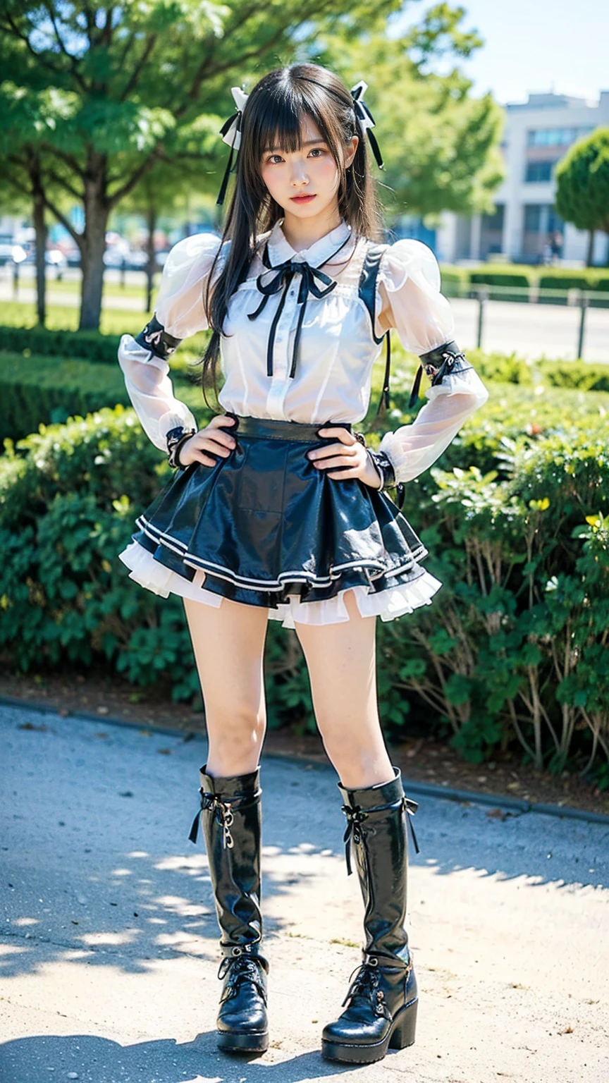 (8k、RAW Photos、Highest quality、masterpiece:1.2)、(Realistic、Realistic)、1 girl、((black and white、mini skirt、Goth、See-through、大きなribbon、Frills、boots、ribbon、garden、Thin legs、whole body、View from the front、Looking into the camera、Stand with hands on hips))、cute
