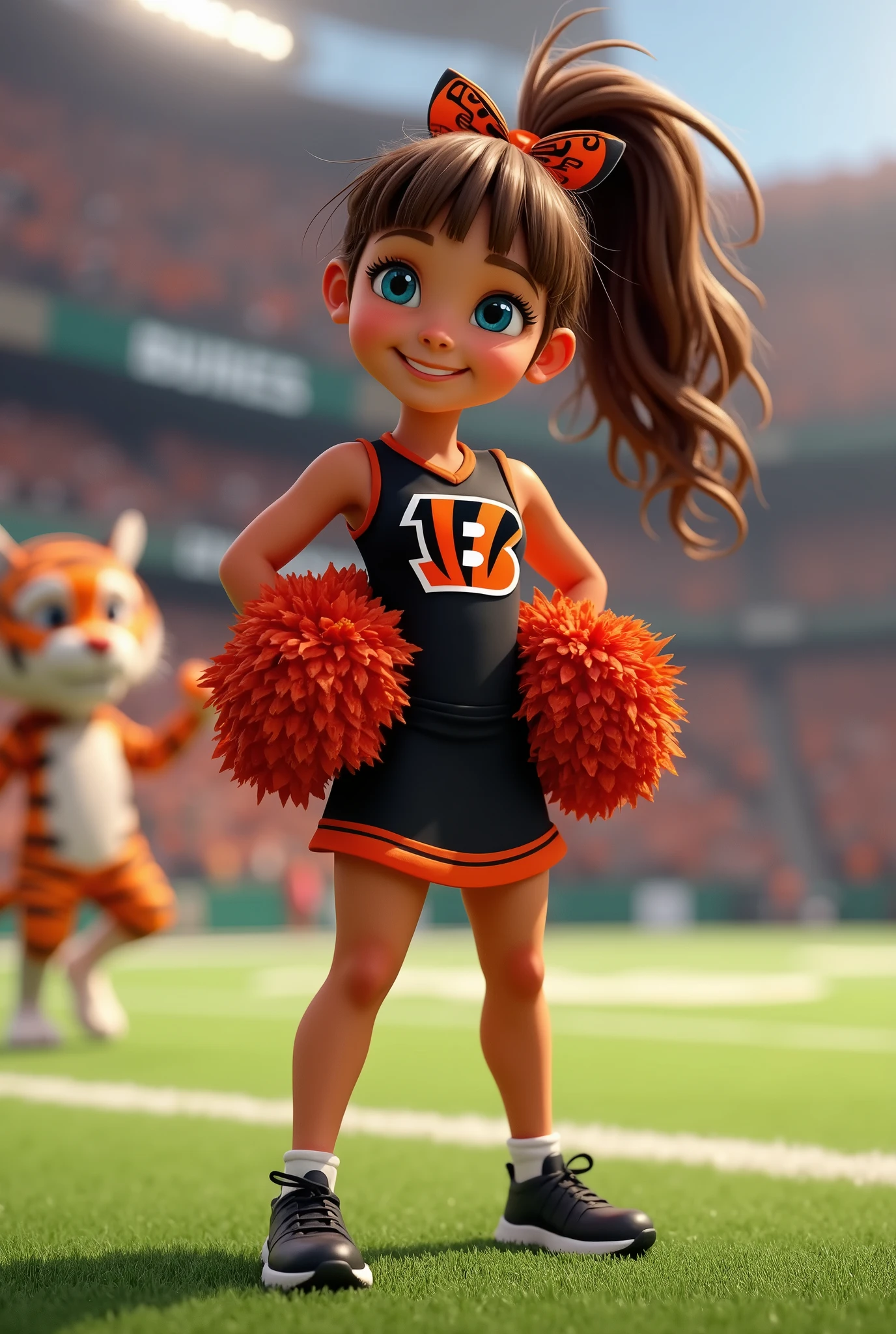 Bengals cheerleader tween
Chunky body
Brown hair, medium length in ponytail, bangs,
blue eyes
football field
Black & orange one piece outfit with Bengals logo black shoes
No socks
hair bow
With tiger on field
Smiling