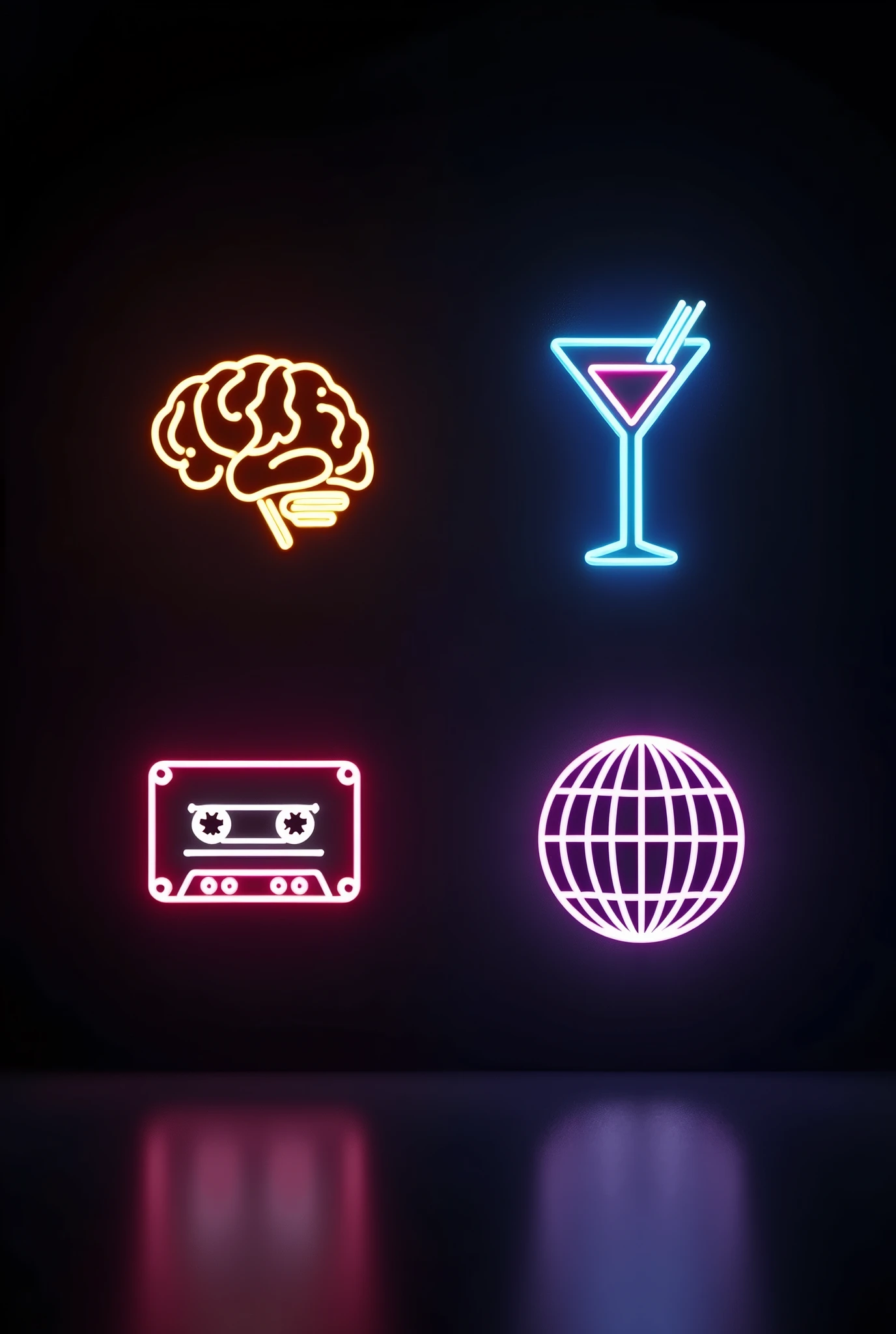 Create a very dark background with a few large, minimalist neon icons, including a brain, a cassette tape, a cocktail glass, and a disco ball. Use neon colors like yellow, blue, and pink for the icons. The design should be clean and focused, with no additional elements or textures.