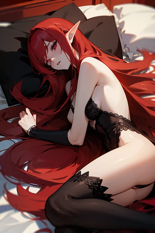 elf girl, long loose red hair. pale skin. Dressed in erotic black lingerie, lies on a bed of black and scarlet shades. evening