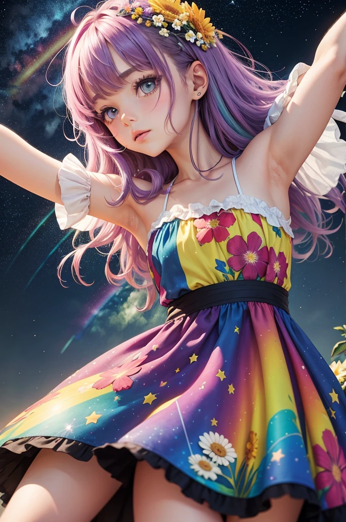 Starry sky, surrounded by large colorful flowers, rainbow hair girl, upper body, dress