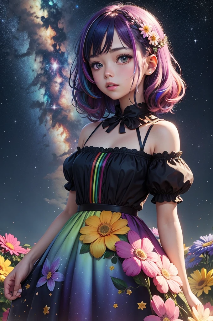 Starry sky, surrounded by large colorful flowers, rainbow hair girl, upper body, dress