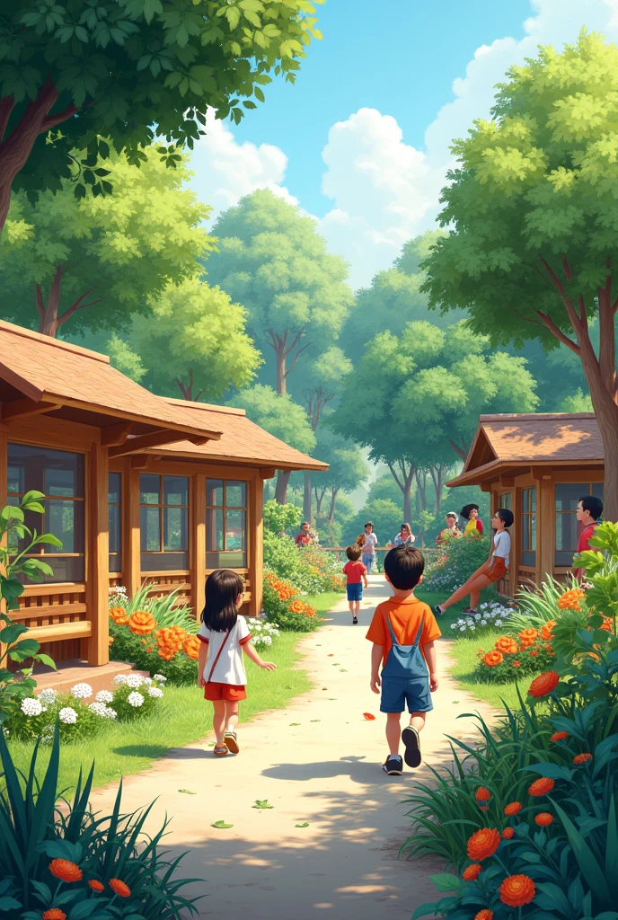 Interactive place for school children like a garden or resting area realistic