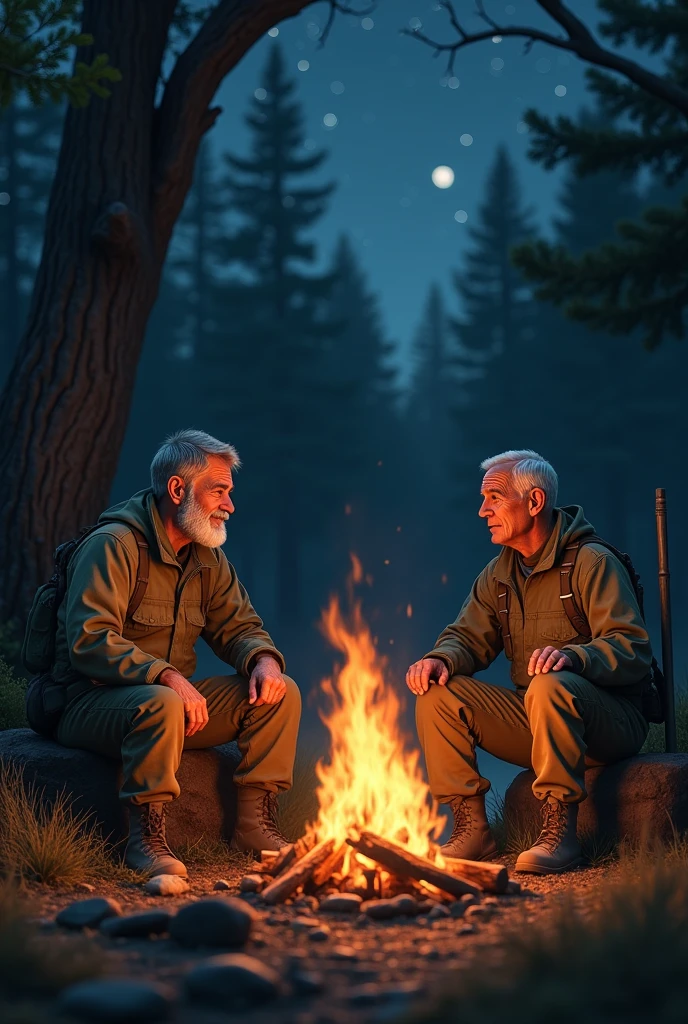 Two retired soldiers sitting around a campfire