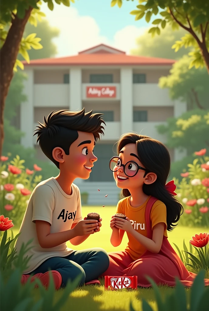 Ek girl or ek boy dono couple hai jo ek romentic jagah par bethe huye hai boy ki shirt par ajey or girl ki shirt par piru likha hua hai or girl ne chasma laga rakhi hai, dono kitkat chocolate kha rahe hai , vo dono garden me bethe huye hai or pichhe ek college hai jis par aditya college ka banner laga hua hai hai aisi Indian people type animation me image banao