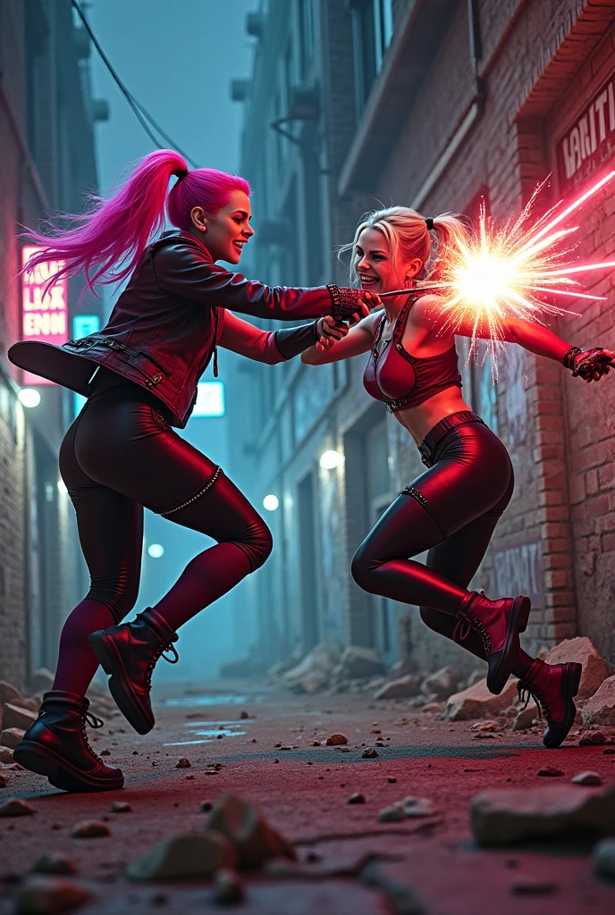 Jinx from arcane in streetfight, losing to harley quinn from dc comics