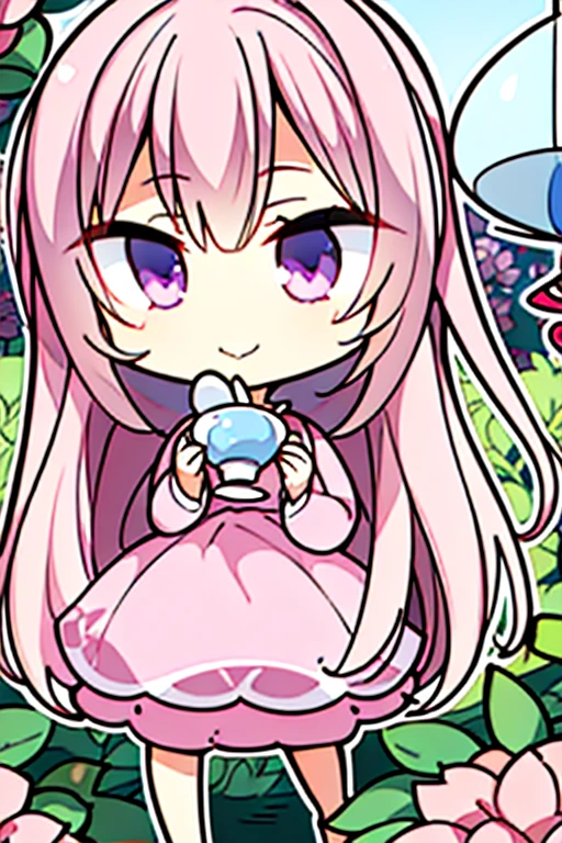 Perfect face. Perfect hands. A pink haired woman with violet eyes with an hourglass figure in a pink dress is smiling while sipping tea in a garden of peonies