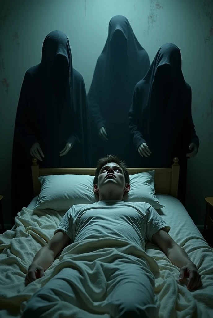 A dimly lit bedroom shows a young man lying paralyzed in bed, eyes wide with terror. Hovering above him are three shadowy, wraith-like figures resembling Dementors, draped in tattered black robes. Their faces are obscured, exuding a malevolent aura. Ghostly hands stretch towards him, as if draining his life force. The room is filled with a chilling, oppressive atmosphere, amplifying the sense of helplessness and dread, making the scene terrifying and surreal.