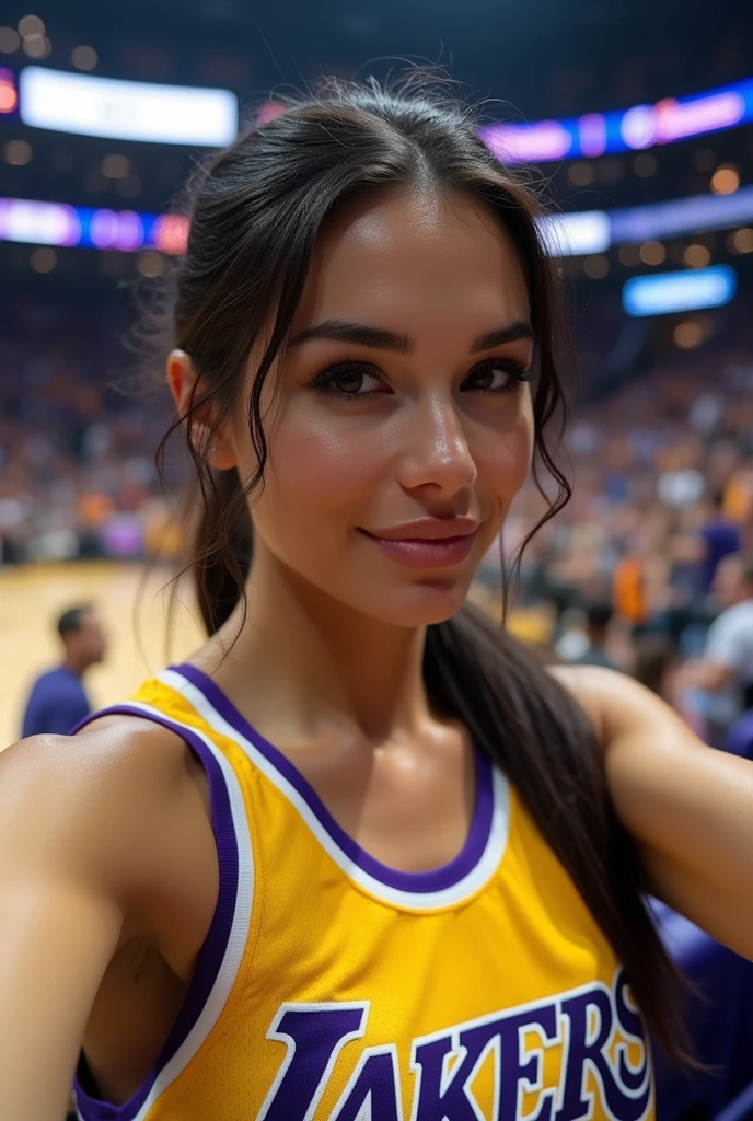 ,Italian brunette Bellucci woman, (((Very beautiful 2 girl))), pretty gir､ ((beautiful low ponytail)), super cute face, glossy lips, double eyelids in both eyes, kiss、 natural makeup, long eyelashes, Shiny and smooth hair､center image, perfect limbs, perfect anatomy,(((basketball Lakers uniform)))、,(wet with sweat),full body, she takes selfie, in reel stadium of lakers basketball in back, she are in tribune, masterpiece,超A high resolution),Italian brunette Bellucci woman, (((Very beautiful 2 girl))), pretty gir､ ((beautiful low ponytail)), masterpiece,超A high resolution),Italian brunette Bellucci woman, (((Very beautiful 2 girl))), pretty gir､ ((beautiful low ponytail)),she kisses with her mouth, no reflection on her body, more realistic, iPhone quality, more dynamism, clearly see the stadium in the background, without her pant, most reel, she take a picture with her phone