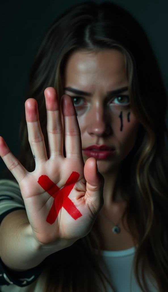 A high-definition, photorealistic image of a woman from the waist up, holding her hand up to the camera with a red "X" marked on her palm. Her face is crying and hurt, with bruised eyes and black makeup smeared down her cheeks from the tears and abuse. The dark background and dramatic lighting highlight her pain and determination to stand against violence.