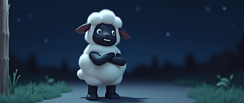 One roblox sheep stand like a human and crossing hand and background night and smile and all anime