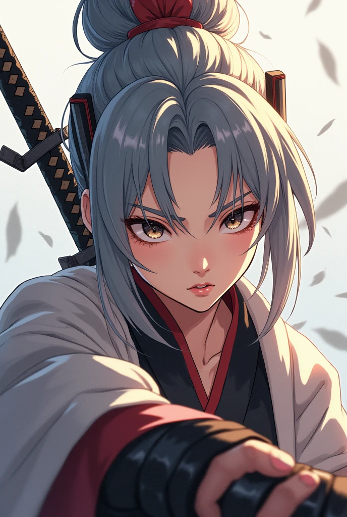 Chinese woman semi-realistic anime style with short length gray hair with the middle tied into a bun with 2 detailed steel sticks securing the bun, holding a black bladed katana in a combat stance with a serious face in the background