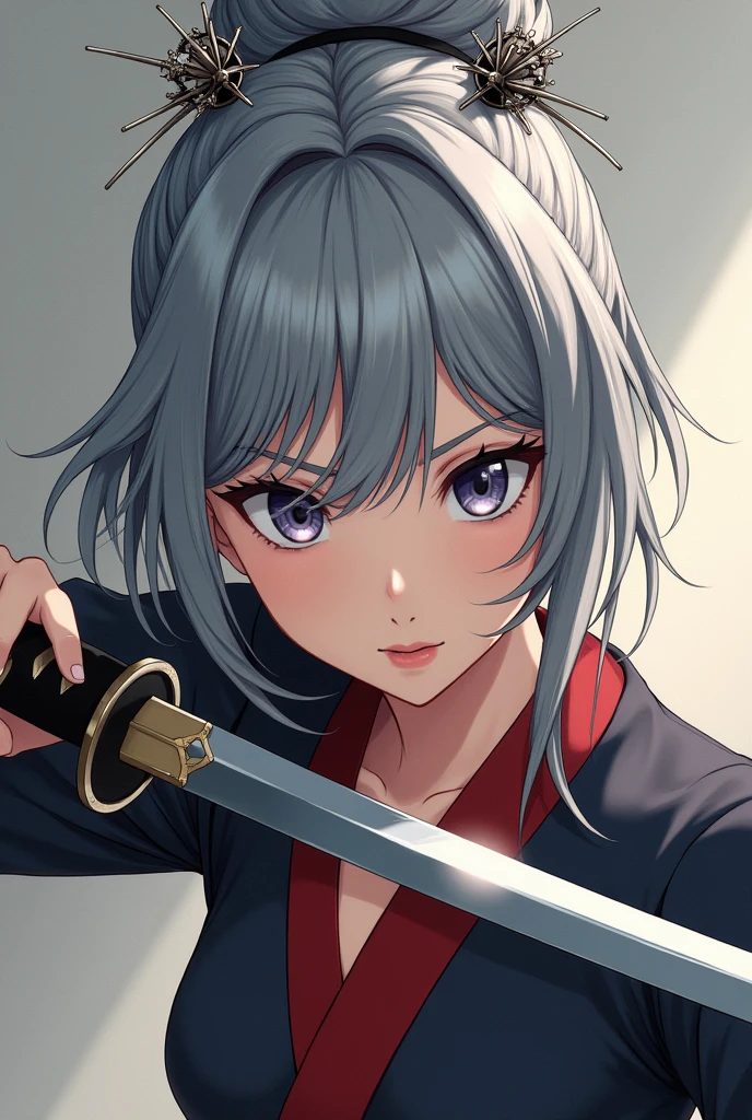 Chinese woman semi-realistic anime style with short length gray hair with the middle tied into a bun with 2 detailed steel sticks securing the bun, holding a black bladed katana in a combat stance with a serious face in the background 