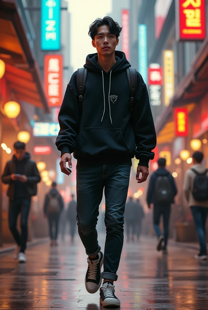 (photorealism:1.2), (cyberpunk), A handsome korean young man is walking in public area, backpack, earphones, wearing black hoody thight sweater and rocker jeans, sneakers, holding a cellphone, ((realistic)), intricate details, warm colors, by Greg Rutkowski, by Alphonse Mucha