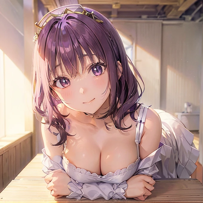 Young Elementary school student Light purple hair Side ponytail Princess crown Purple eyes White dress Flat chest Medieval Grassland Gentle smile