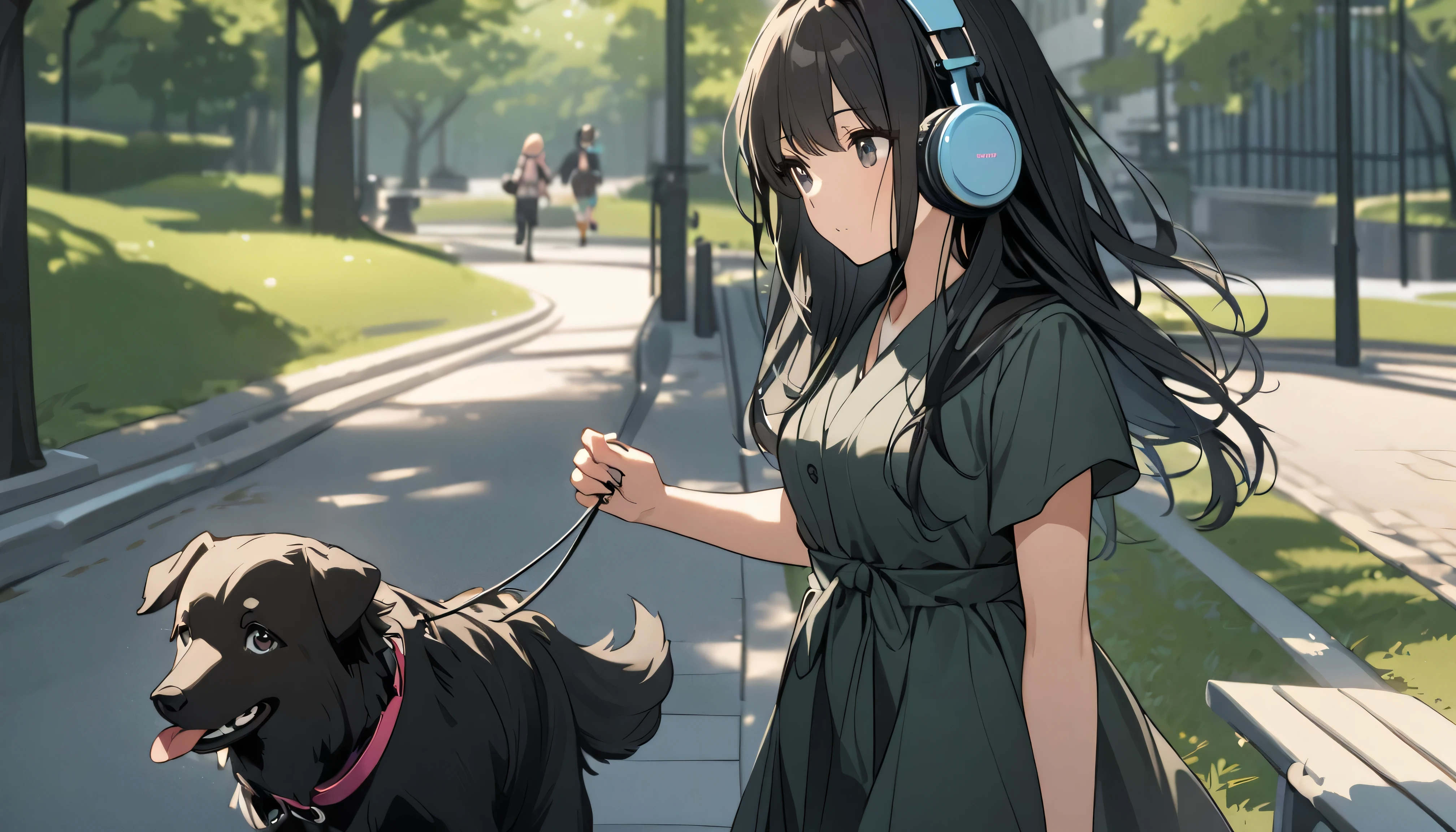 A woman with black hair and cute clothes walking her dog in the park,Streetscape、Listening to music with headphones、Japanese