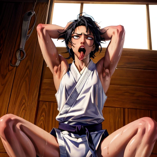 ((((masterpiece, best quality, high resolution)))), Extremely detailed 8K, 1 female, wearing a white Karate gi, (ahegao),white eyes, Small breasts,full body, kneeling, tired, (muscle:1.4), japanese clothes,  No underwear,No eyeballs, Facing the audience, looking at the audience, tired, from below, (Exposed armpit:1.1), ((armpit:1.2)), sexy, Sweating, More and more sweat,(ahegao), (Roll your eyes),  open mouth, Sticking out tongue, saliva, Slobber,Skinny, raise arms, (arms above head:1.5)(Ultra HD, Ultra-detailed, Highly detailed, Highly realistic, Ultra-realistic, photograph realistic), (1girl:1.5), (Realistic black hair), (dynamic poses), facing at camera, looking at viewer, (slightly serious face), (perky breasts:1.2), (beautiful detailed face, beautiful detailed eyes), ((worn out karate gi)), (preparing for a fight), sweat, glow, (sunbeam, sunlight), ((cowboy shot)), inside a training gym, seductive, EnvyBetterHands LoCon,