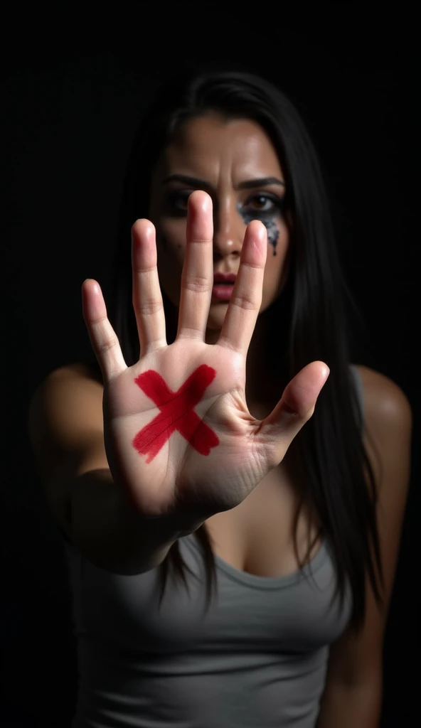 A close-up, high-resolution image of a woman from the waist up, raising her hand with a red "X" on the palm to the camera. Her face, framed by the shot, is tearful and bruised, with black makeup smeared and running down her cheeks. The dark setting and intense lighting accentuate her suffering and powerful stance against abuse.