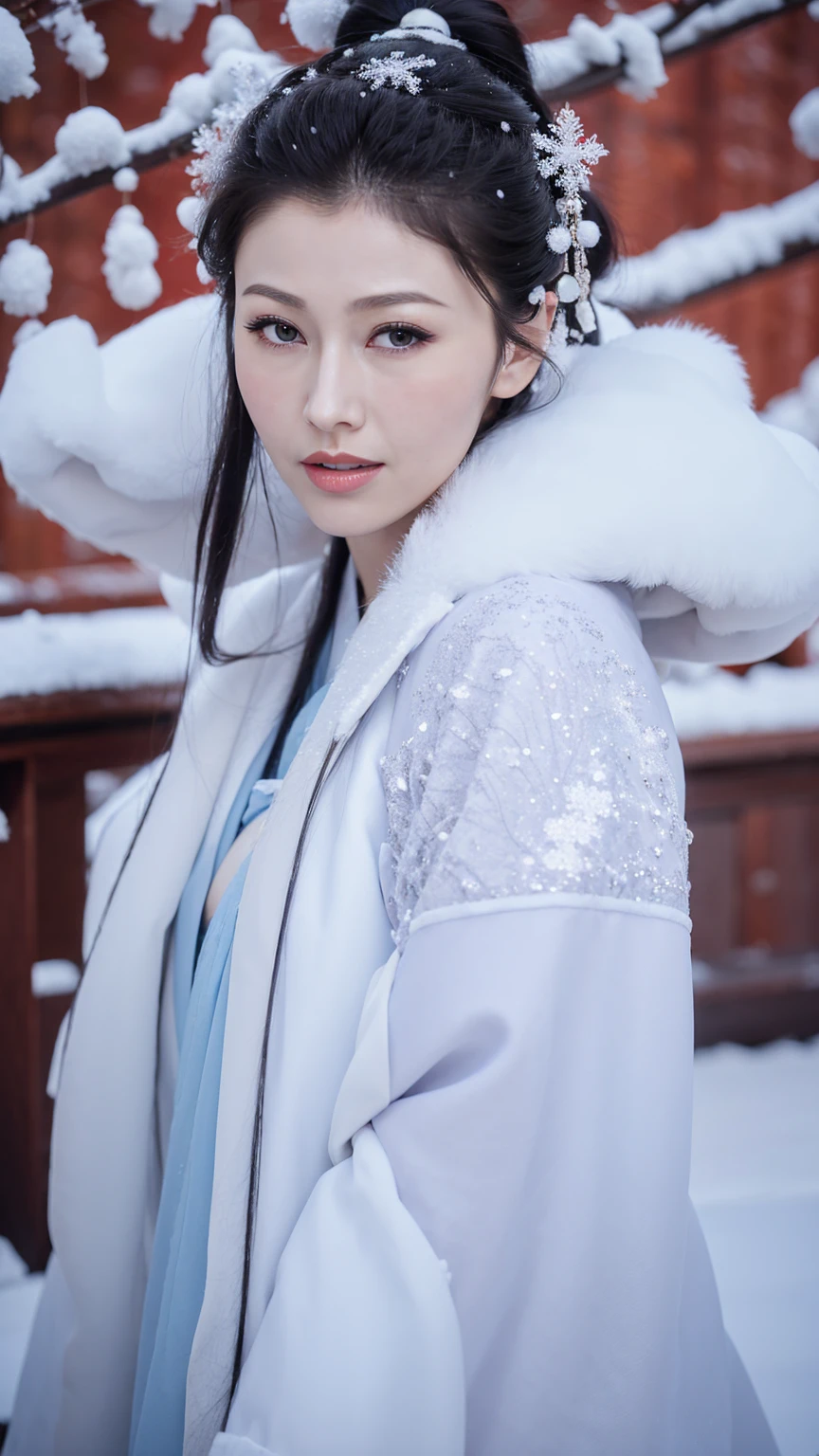 1 Fashion Model [[[[close up]]]], [[[[neck]]]], [[[[Shoulder]]]], (((Complete head)))，(((Complete hairstyle)))，Perfect eyes, Perfect Iris，Perfect lips，Perfect Teeth，Perfect skin，White skin，Soft headlights，High-density imaging，Black long hair，（Clean and delicate face），((Red fur winter hanfu))，((Half-length photo))，((The background is a snowy scene))，((winter))，((Various dynamic poses))，((The background is a snowy scene))，best quality，masterpiece，（Soft colors：1.2）