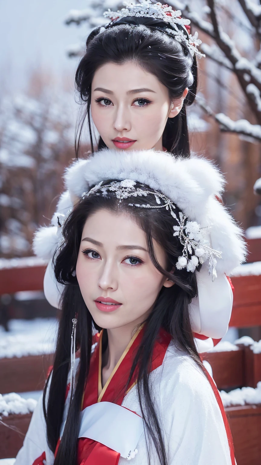 1 Fashion Model [[[[close up]]]], [[[[neck]]]], [[[[Shoulder]]]], (((Complete head)))，(((Complete hairstyle)))，Perfect eyes, Perfect Iris，Perfect lips，Perfect Teeth，Perfect skin，White skin，Soft headlights，High-density imaging，Black long hair，（Clean and delicate face），((Red fur winter hanfu))，((Half-length photo))，((The background is a snowy scene))，((winter))，((Various dynamic poses))，((The background is a snowy scene))，best quality，masterpiece，（Soft colors：1.2）