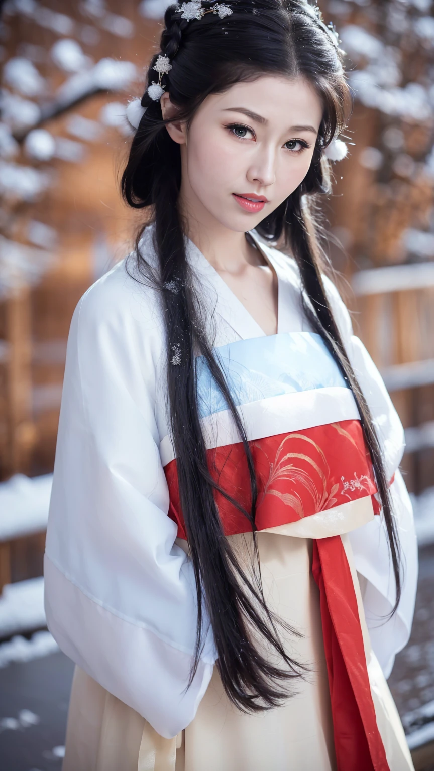 1 Fashion Model [[[[close up]]]], [[[[neck]]]], [[[[Shoulder]]]], (((Complete head)))，(((Complete hairstyle)))，Perfect eyes, Perfect Iris，Perfect lips，Perfect Teeth，Perfect skin，White skin，Soft headlights，High-density imaging，Black long hair，（Clean and delicate face），((Red fur winter hanfu))，((Half-length photo))，((The background is a snowy scene))，((winter))，((Various dynamic poses))，((The background is a snowy scene))，best quality，masterpiece，（Soft colors：1.2）