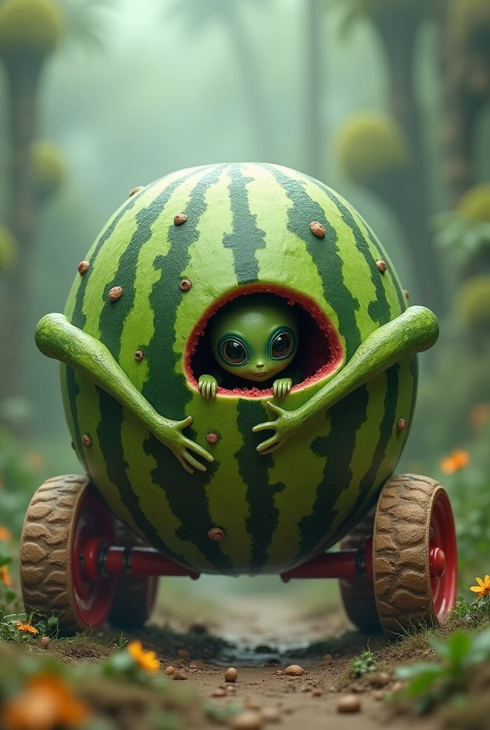 A non-existent being that has a watermelon body, legs made of wheels, arms made of watermelon seeds and the head that is in the body of the watermelon and that the head is of an alien