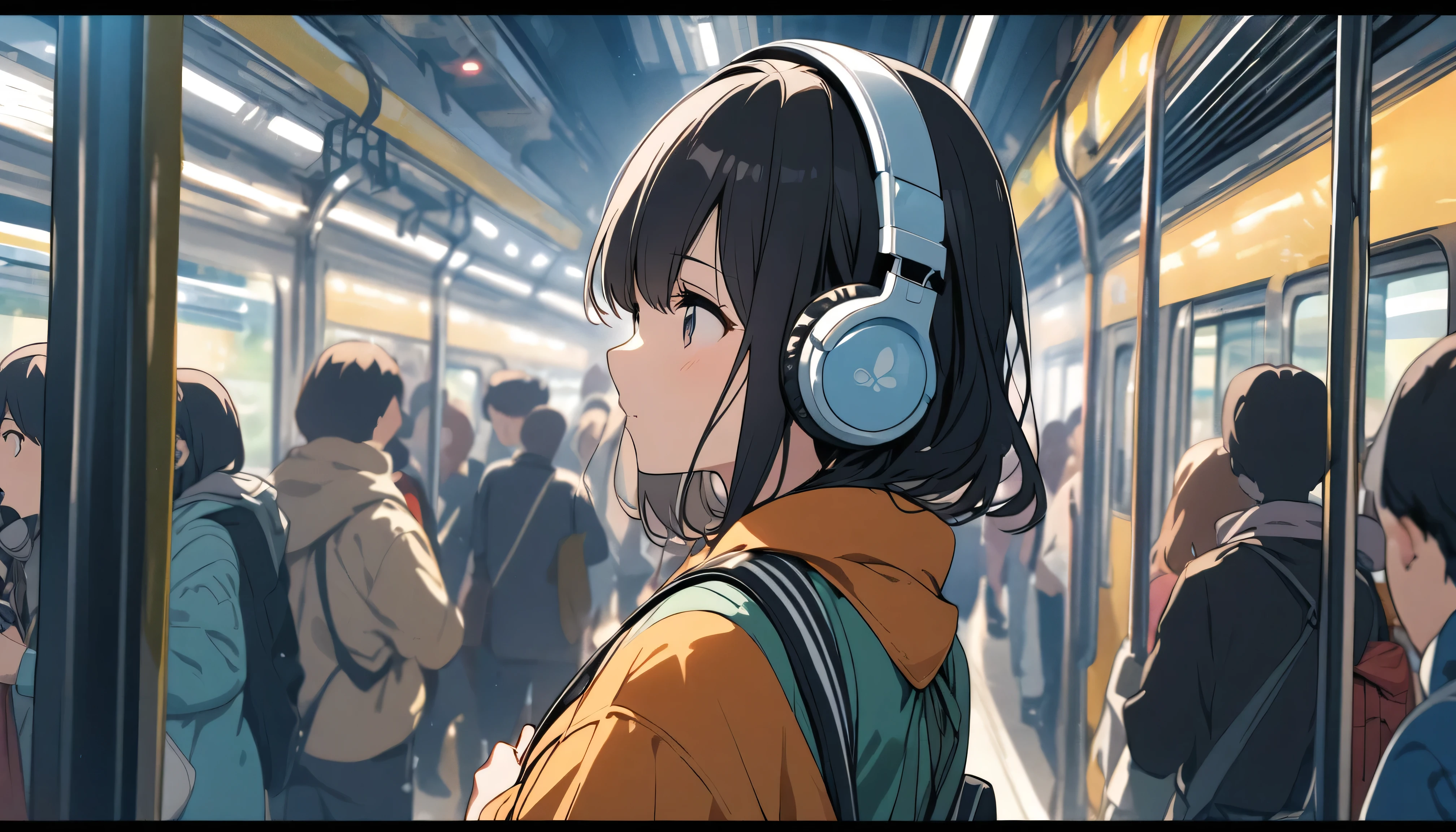 A woman with black hair and cute clothes standing on a crowded train,Streetscape、Listening to music with headphones、Japanese
