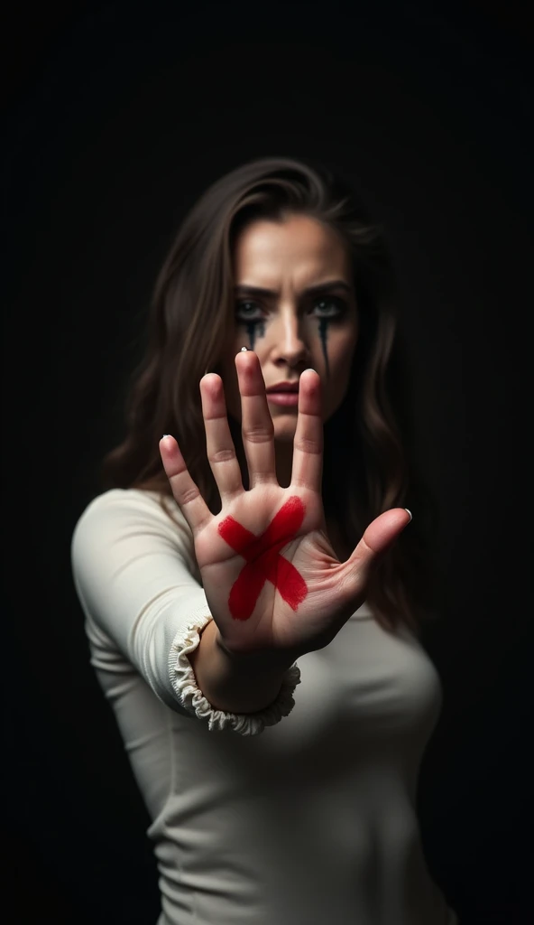 A striking, photorealistic image of a woman from the waist up, extending her hand with a red "X" on the palm towards the camera. Her face, bruised and streaked with tears, has black makeup smeared across it, reflecting the pain of abuse. The dark background and dramatic lighting add depth to her emotional and powerful message.
