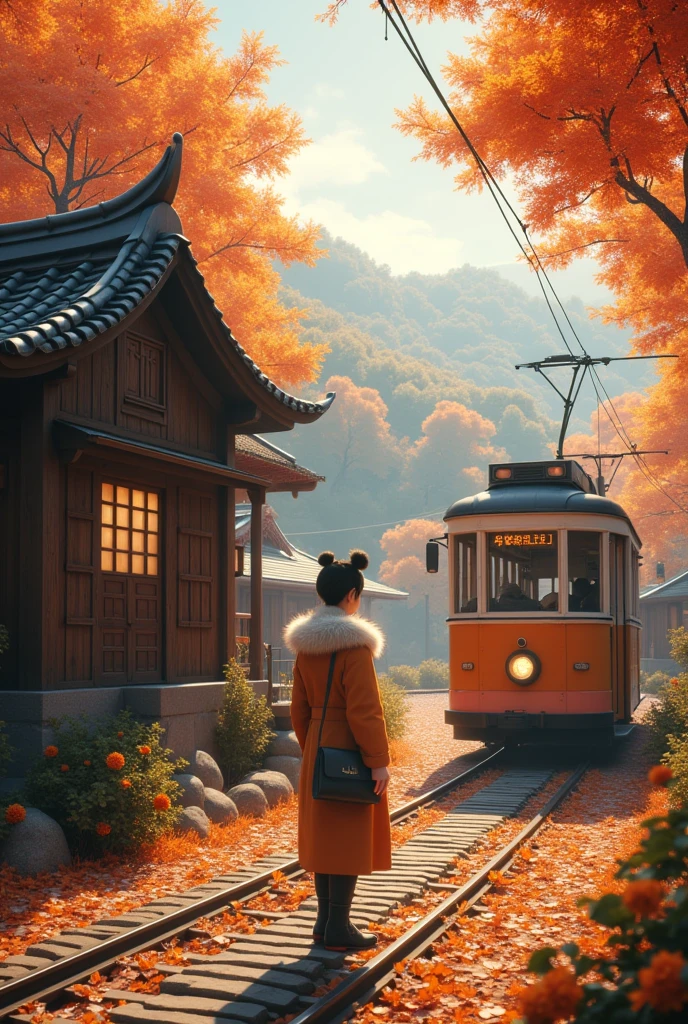 (Best Quality,4k,8k,High resolution,masterpiece:1.2),ultra detailed,sharp focus,(realist,photorealist,photo-realist:1.37), 35mm lens，multiple angles，countryside，tram，Beijing，Autumn season，wooden house，platform,Ruan Jia,lasts,Atar,  (Fine, fluffy fur)，（35mm cinema lens），（multi-angle shooting），（Many viewing angles）