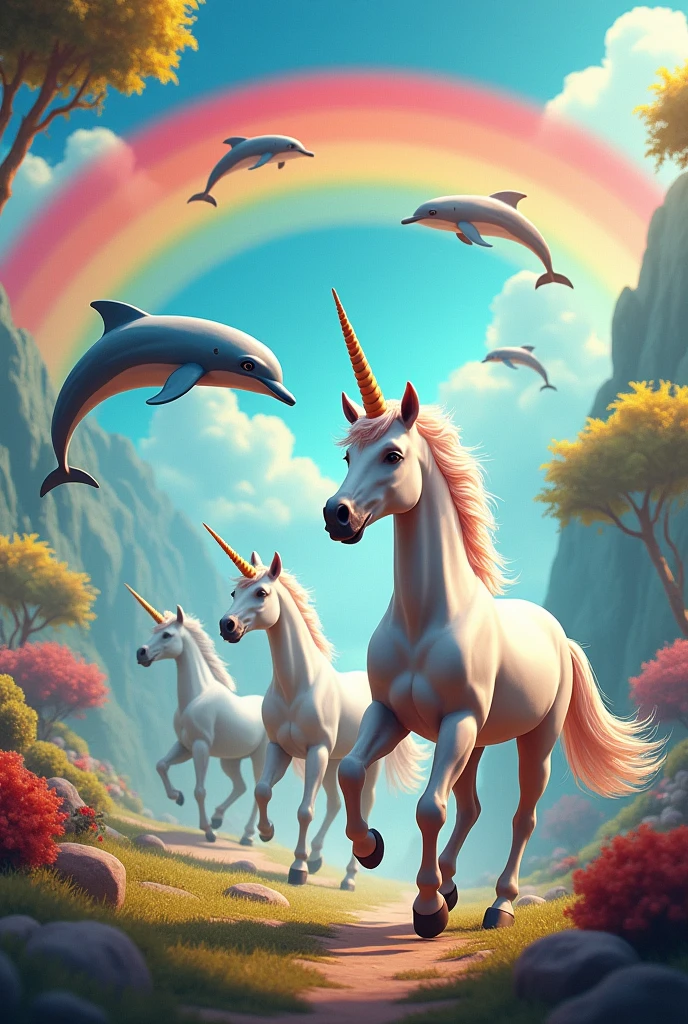 Create an image wit? dolphins and unicorns and rainbows with the colors yellow, blue and red in the background.